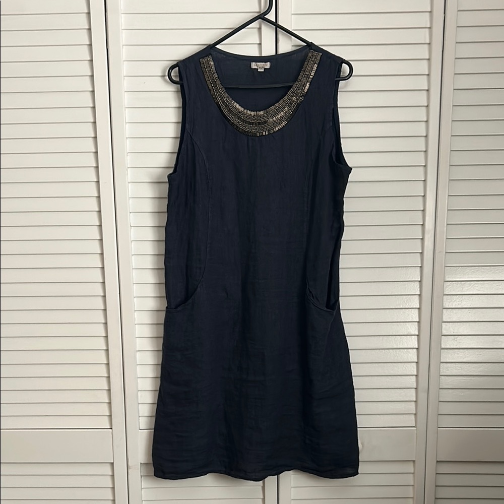 Chic Sleeveless Navy Dress with Beaded Detail